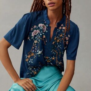 ANTHROPOLOGIE NWT Size LTINY Eliana Embroidered Top in Blue • Floral Dark Teal